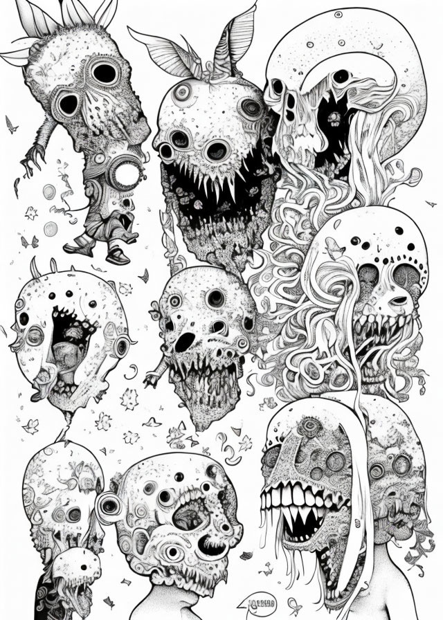 Detailed black and white surreal creature illustration with skull-like faces.