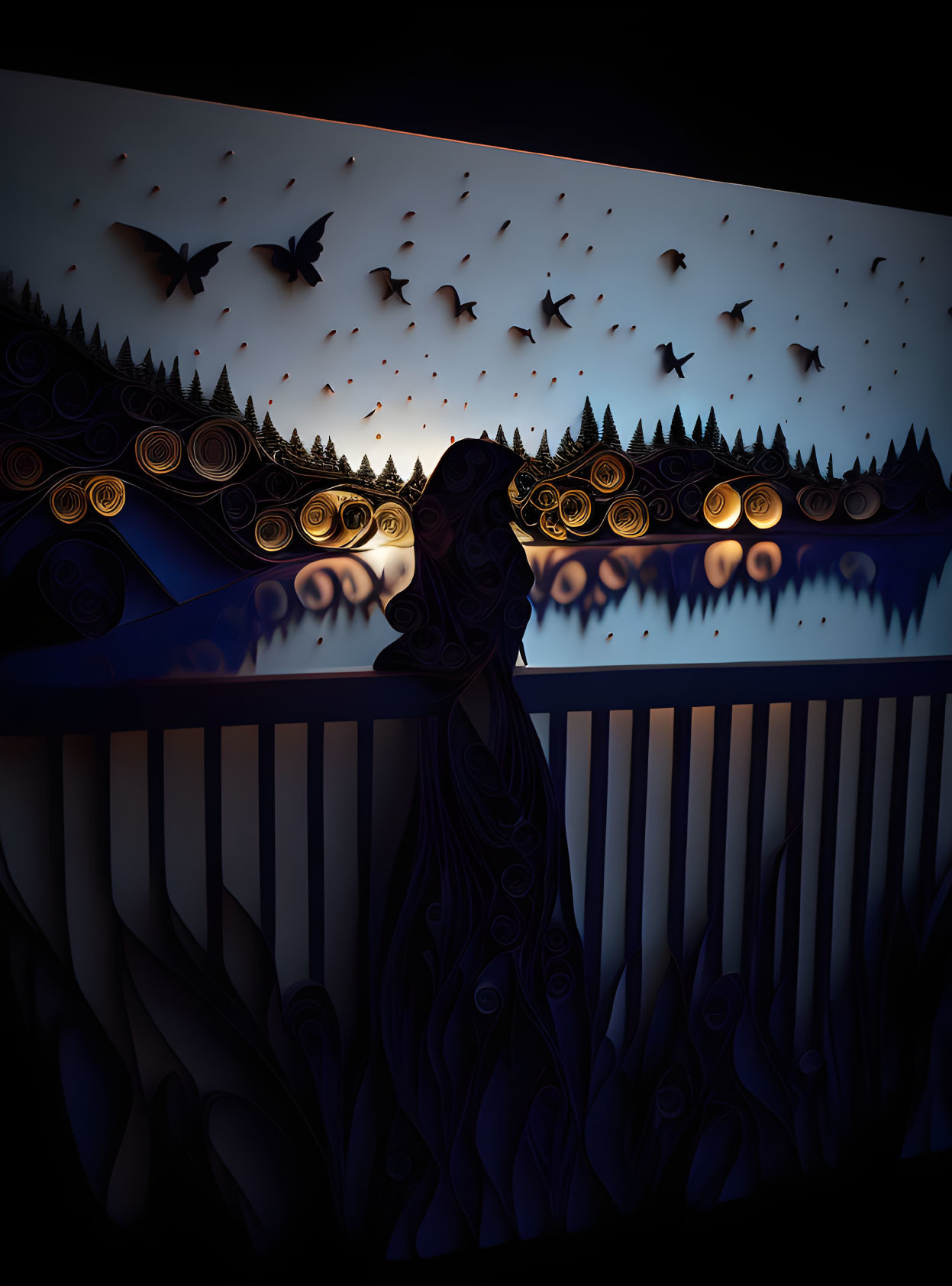 Silhouette of person on balcony with paper art landscape and quilled trees