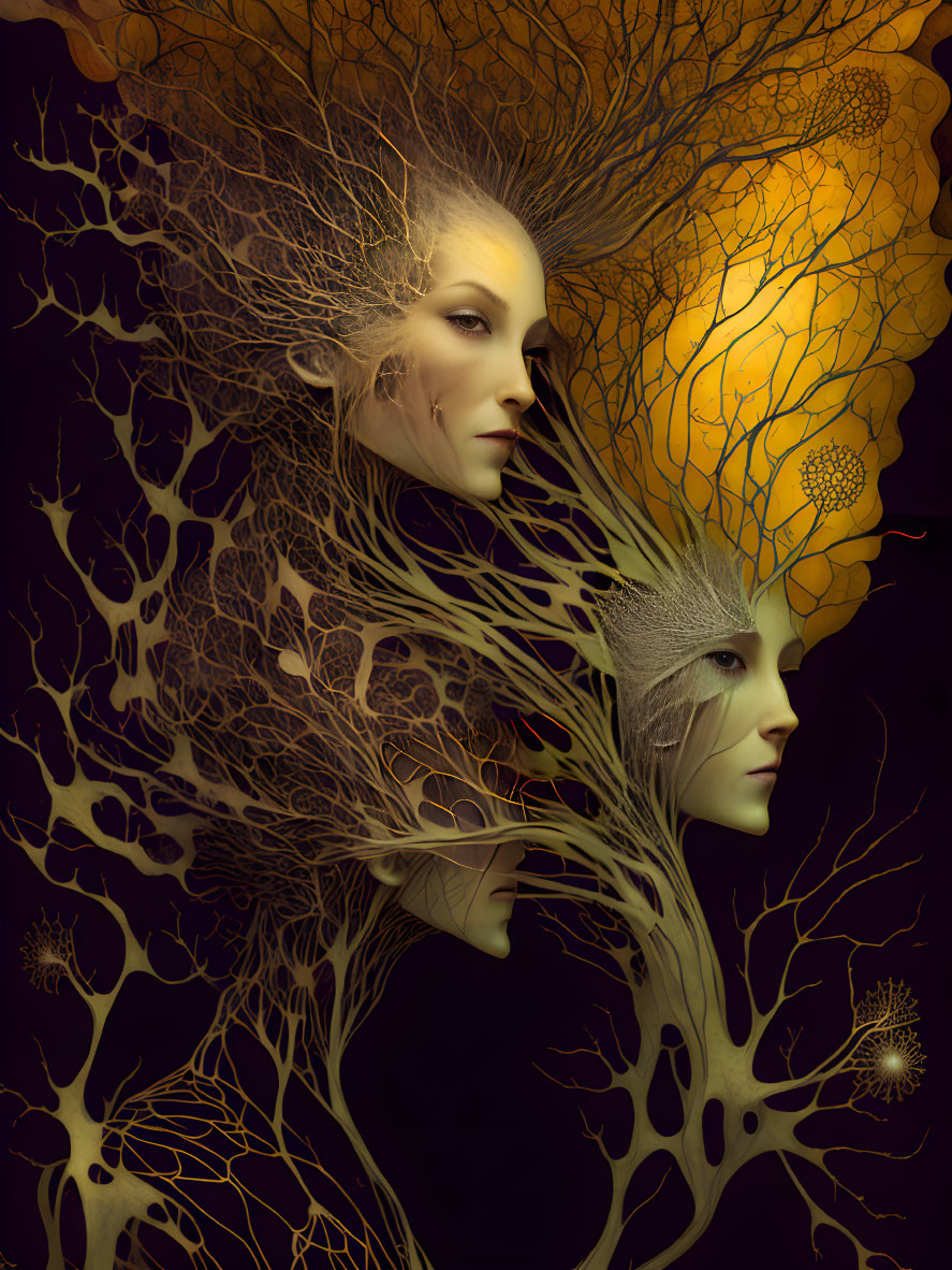 Ethereal female figures with tree branch-like hair on warm golden backdrop