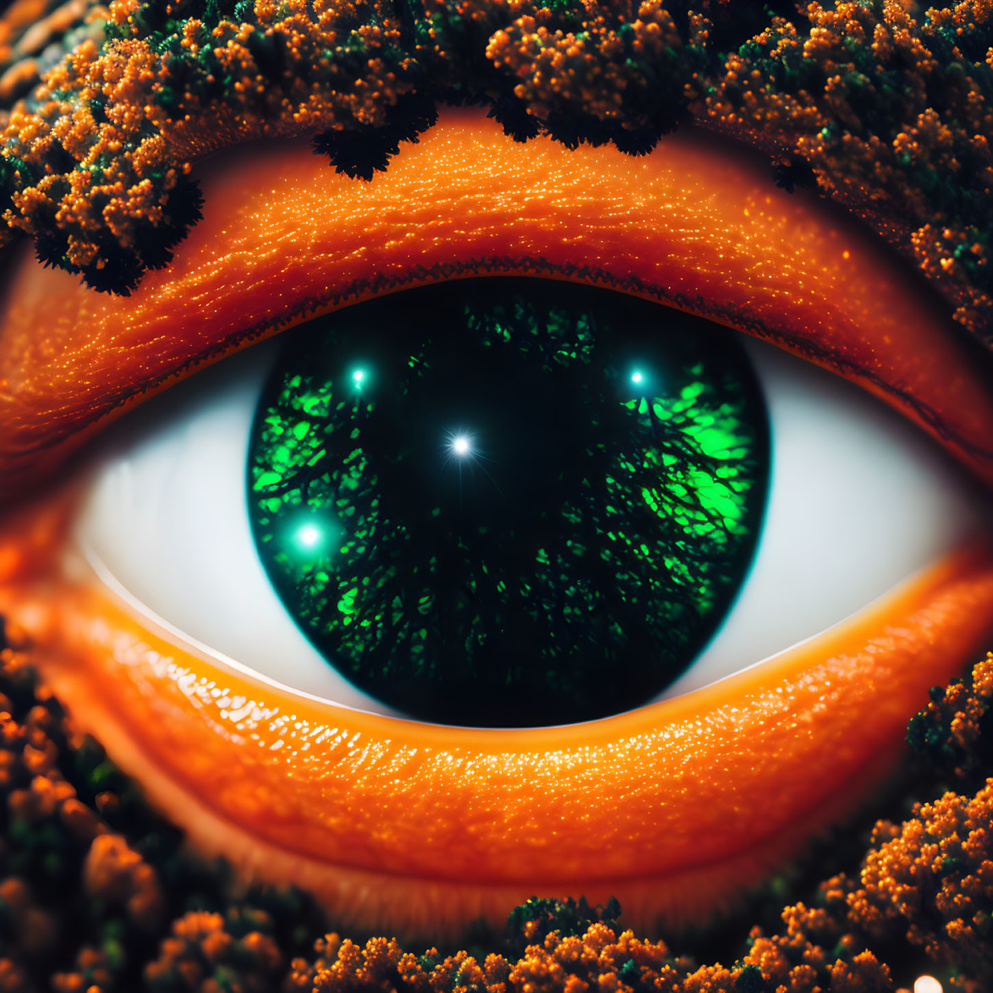 Vibrant green eye with dilated pupil and orange eyelashes in abstract setting