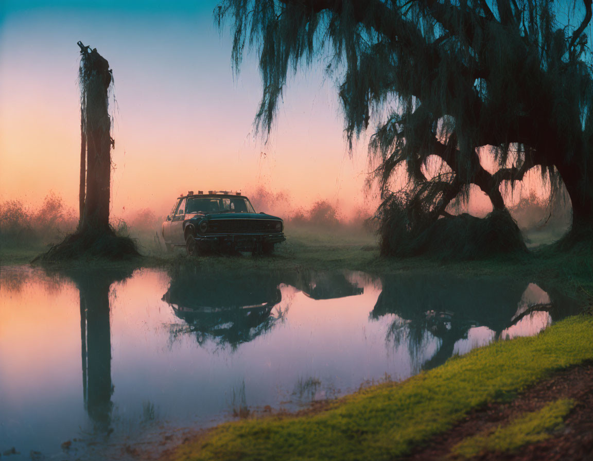 Vintage car by tranquil pond at dusk with Spanish moss trees, pink-tinged sky reflection.