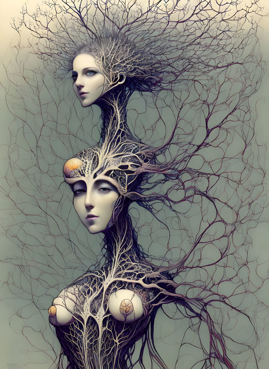 Surreal figures with tree branch hair and nests merge on muted background