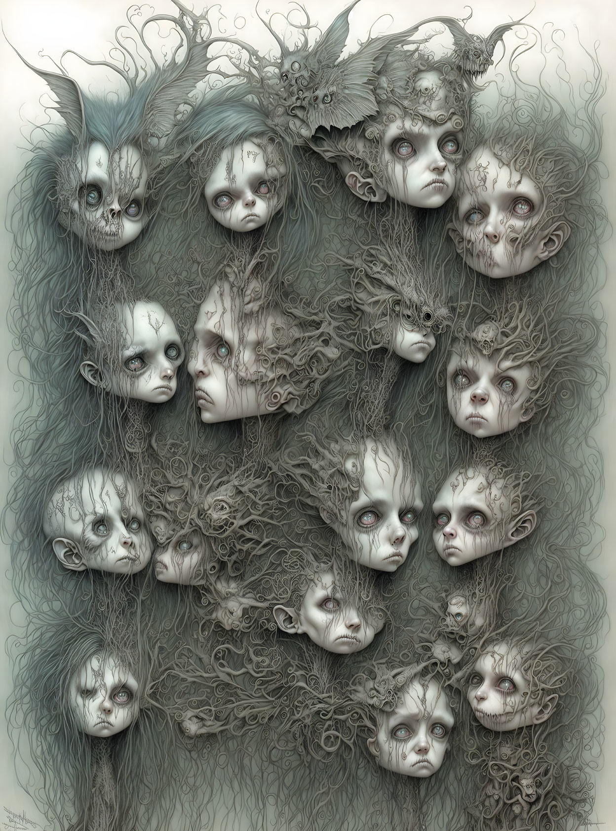 Surreal illustration of eerie faces with varied expressions in intricate vine-like hair