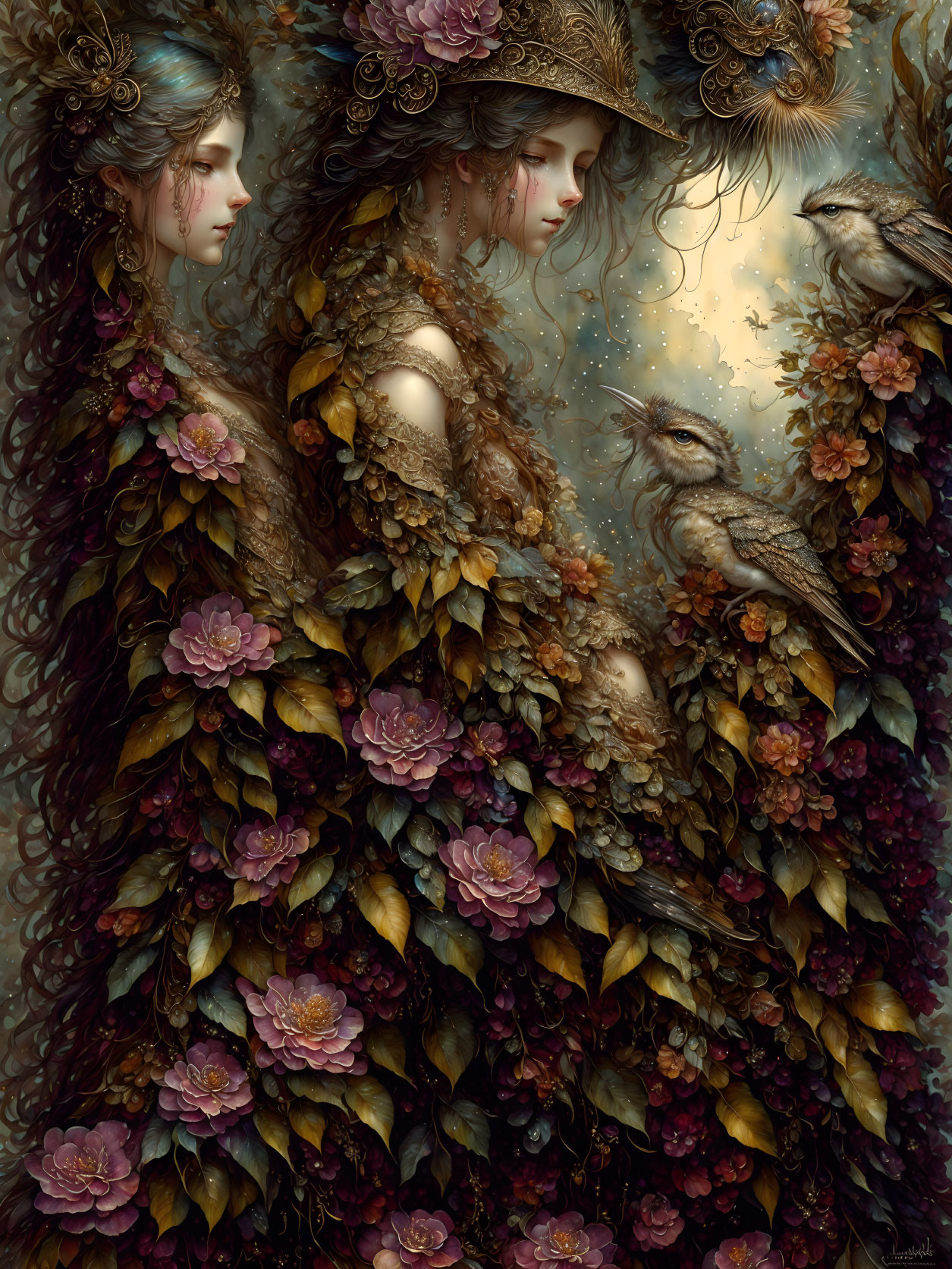 Detailed artwork of two women in elaborate attire with birds in a soft background