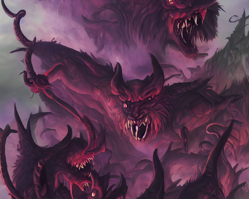 Fantasy illustration of demon-like creatures under purple sky