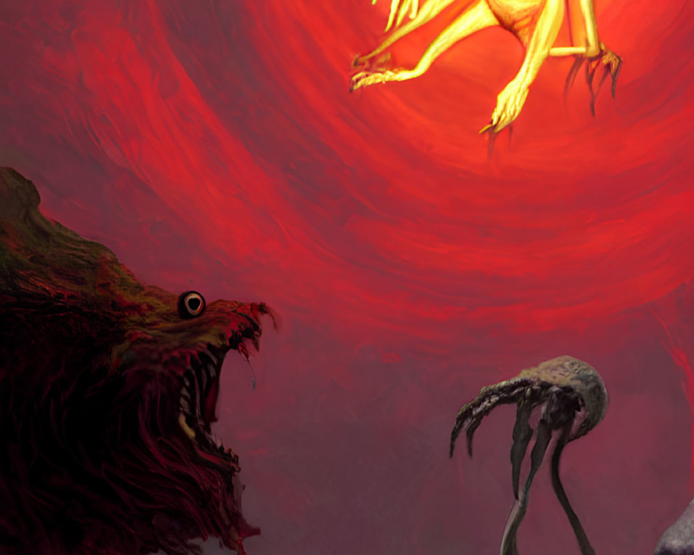 Surreal illustration of glowing sun entity, tentacled creature, and one-eyed beast in red