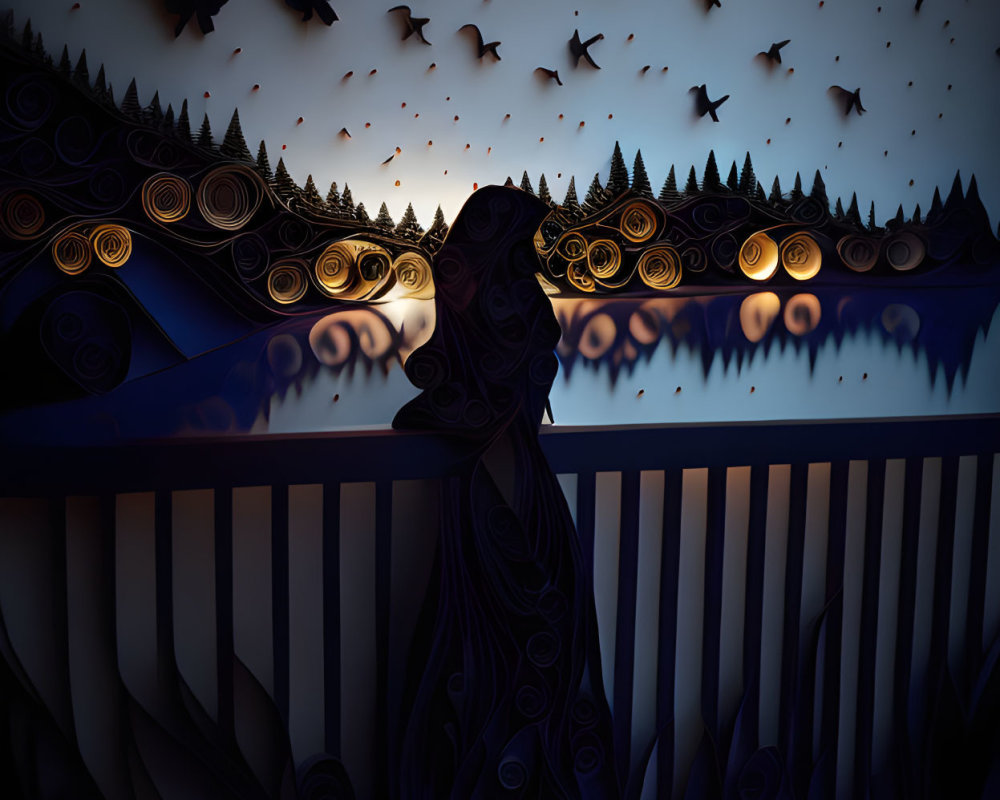 Silhouette of person on balcony with paper art landscape and quilled trees