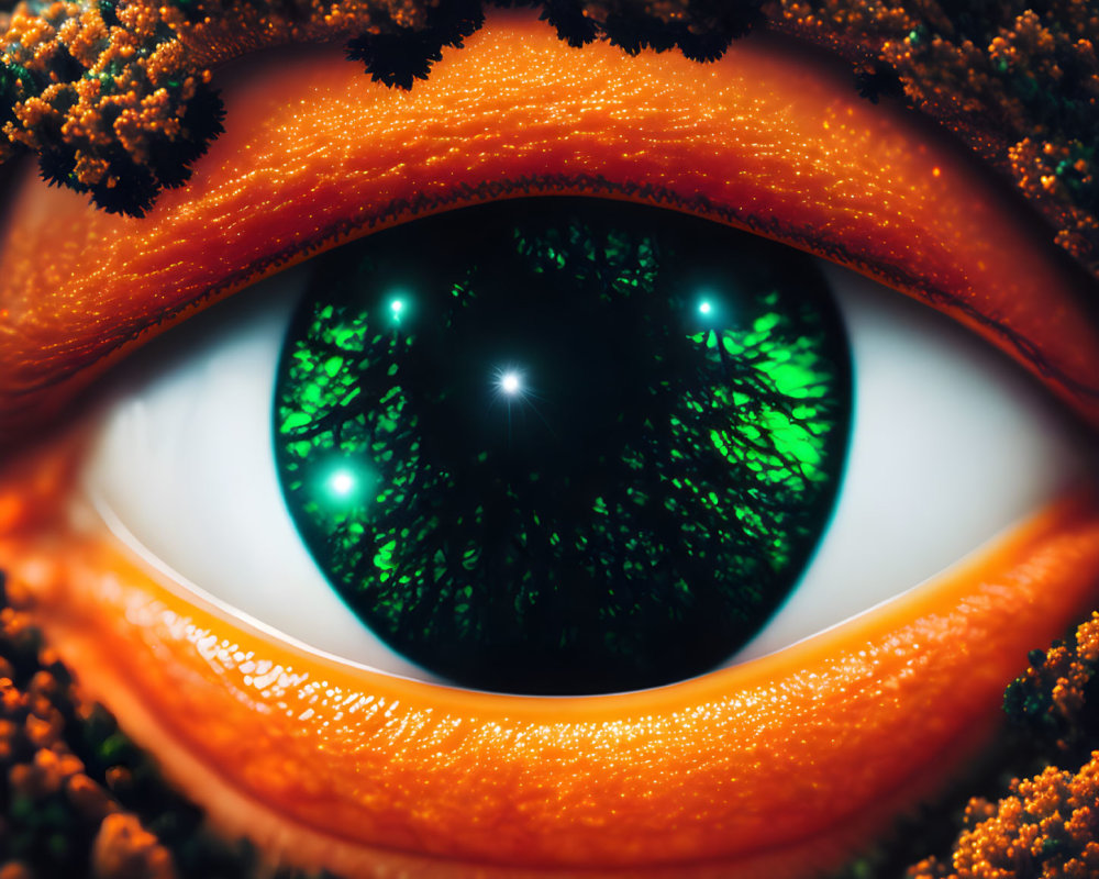 Vibrant green eye with dilated pupil and orange eyelashes in abstract setting