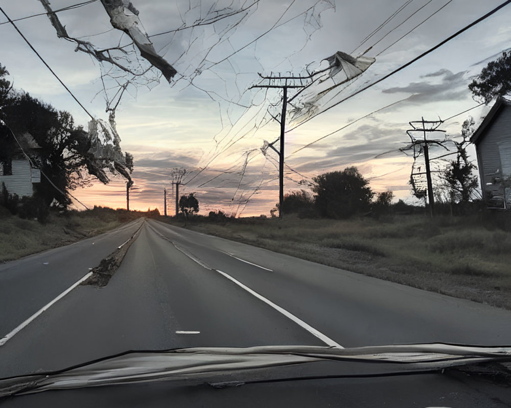 Scenic sunrise/sunset view of damaged road with debris through shattered windshield