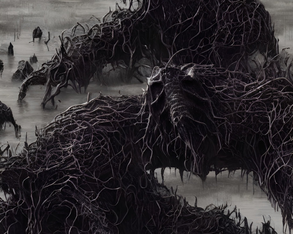 Monochrome fantasy art: colossal tree creature in dark landscape