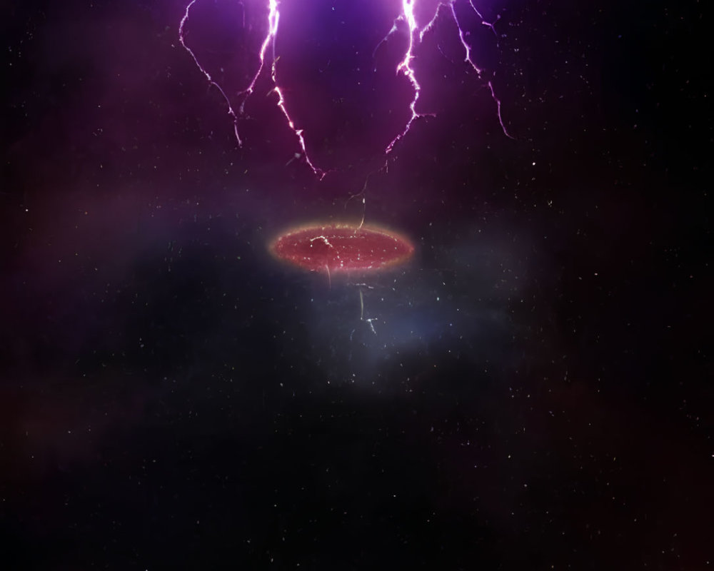 Digital artwork: UFO in cosmic storm with lightning bolts in starry nebula