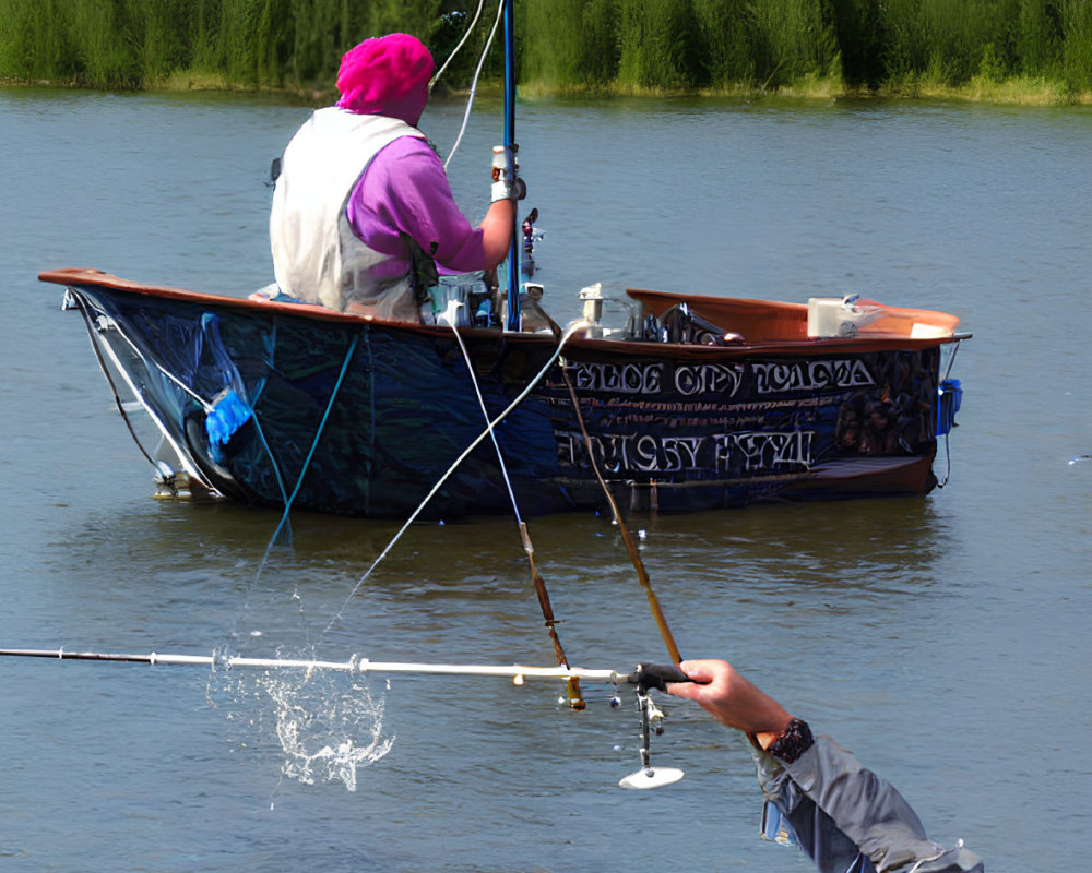 Person fishing from blue boat on calm lake with purple hat.