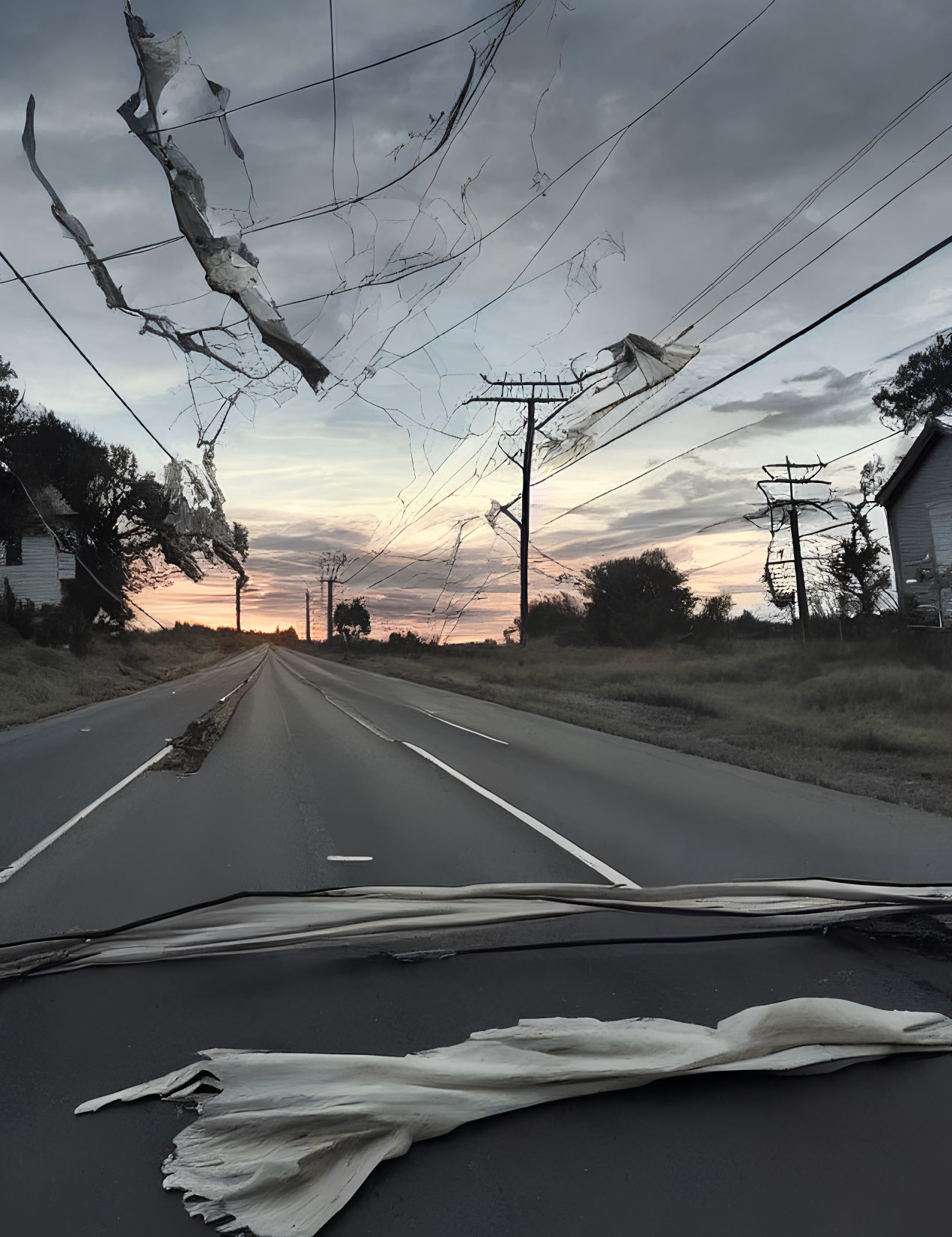 Scenic sunrise/sunset view of damaged road with debris through shattered windshield