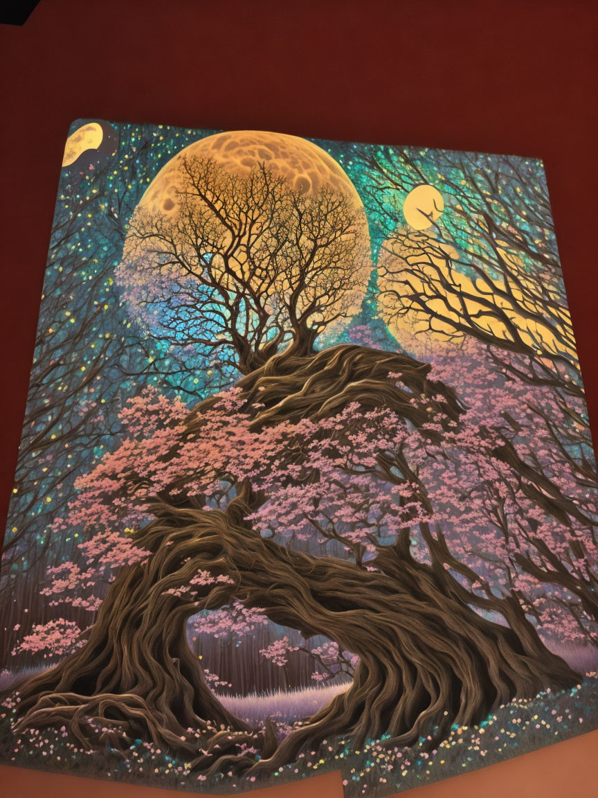 Whimsical forest painting with intertwined trees and yellow moon