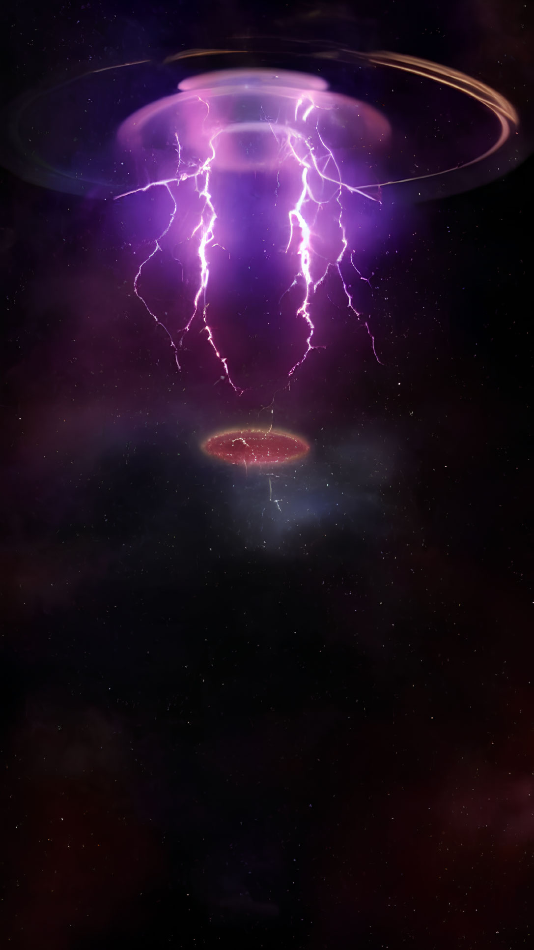 Digital artwork: UFO in cosmic storm with lightning bolts in starry nebula