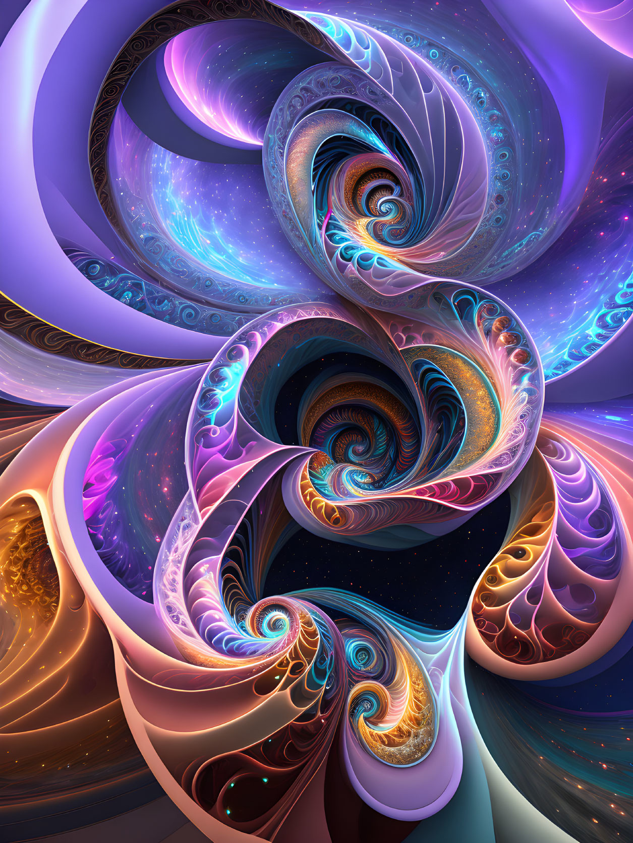 Colorful swirling fractal patterns on cosmic background in blue, purple, and orange