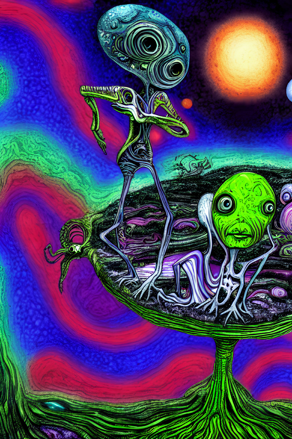 Colorful Alien Figures and Abstract Shapes in Psychedelic Illustration