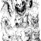 Detailed black and white surreal creature illustration with skull-like faces.