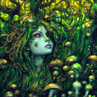 Vibrant green and gold figures with serpentine hair in Medusa-like illustration