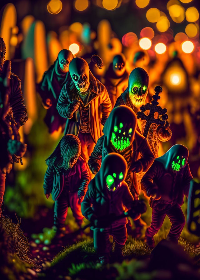 Glowing skull face figures in warm amber and cool green bokeh lights