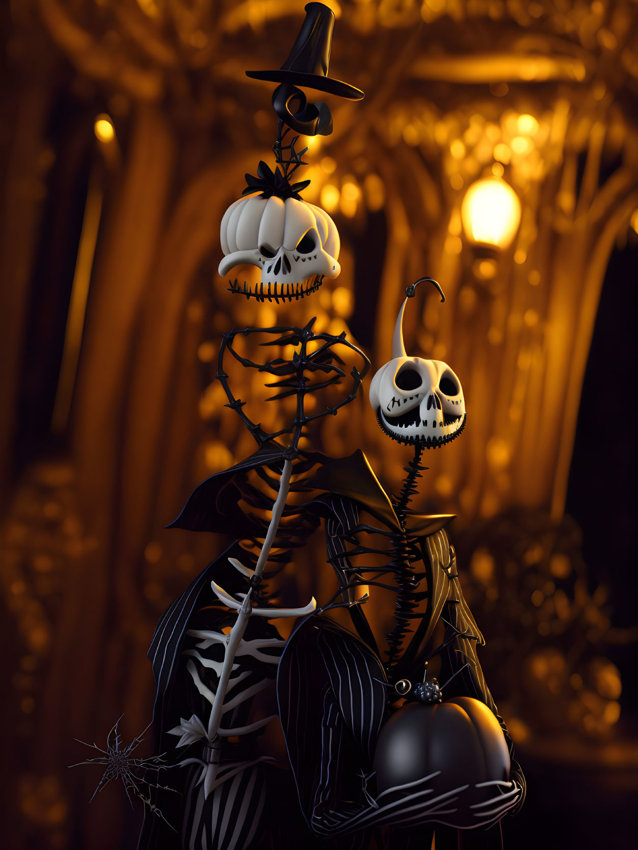 Stylized double jack-o'-lantern figure in striped suit and hat on gothic background