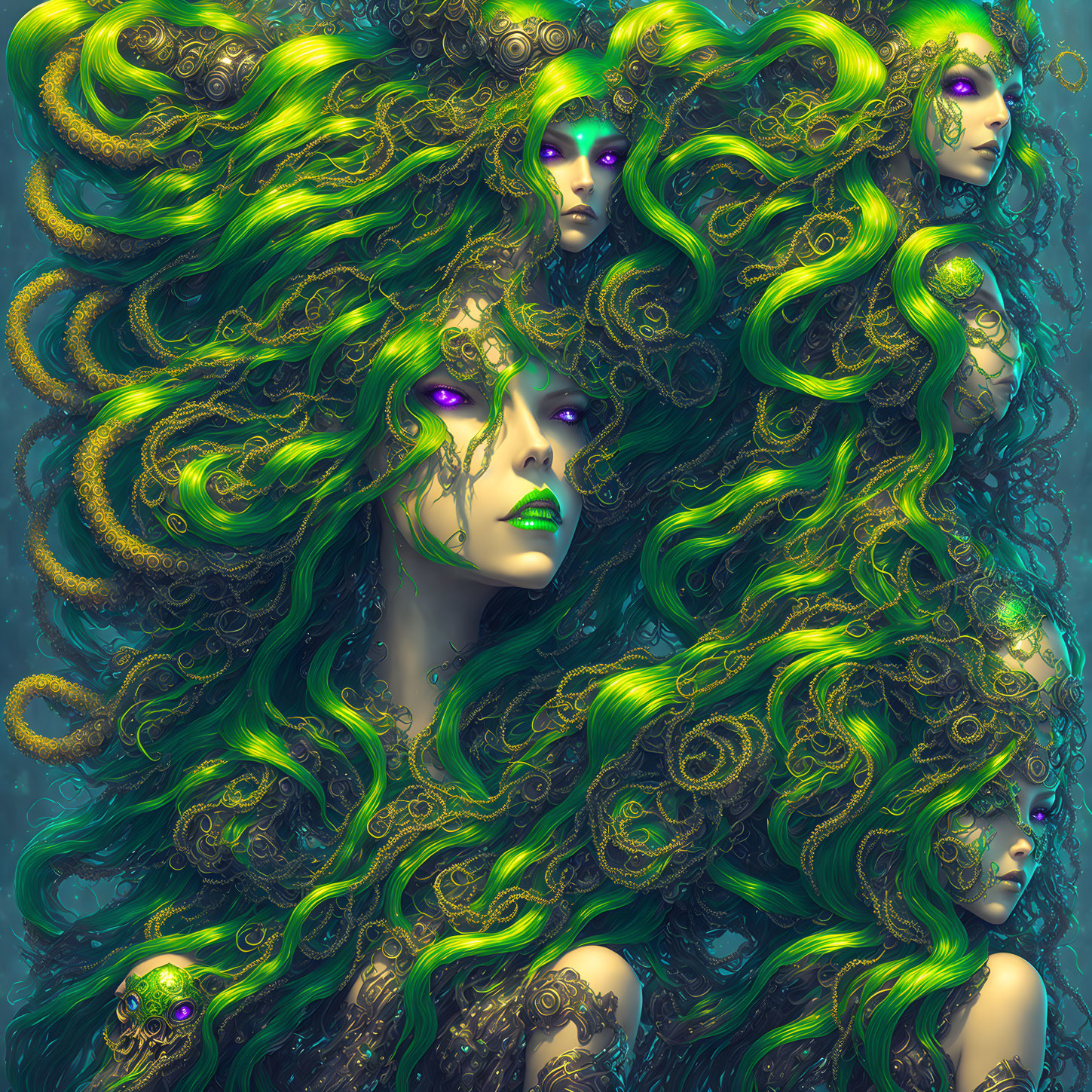 Vibrant green and gold figures with serpentine hair in Medusa-like illustration