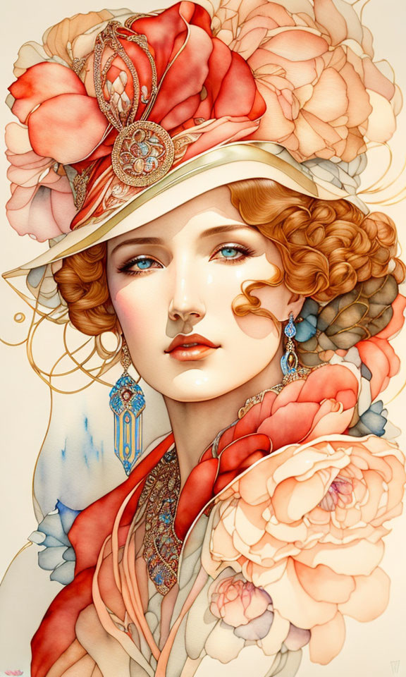 Woman with Curly Hair and Ornate Hat Surrounded by Stylized Roses in Art Nouveau