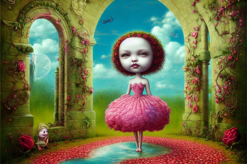 Surreal image of doll-like figure in pink dress among rose-covered ruins