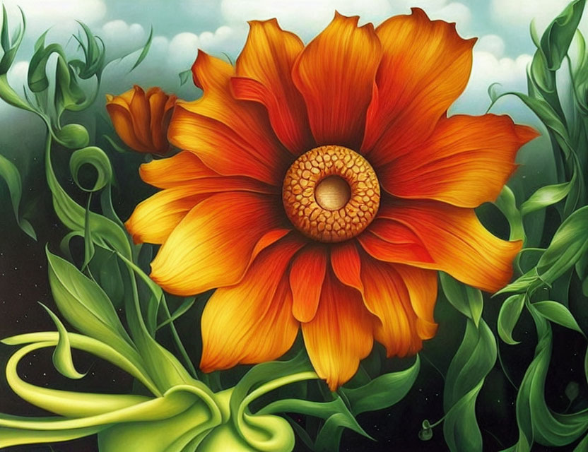 Detailed orange flower with yellow center and green stems on moody sky