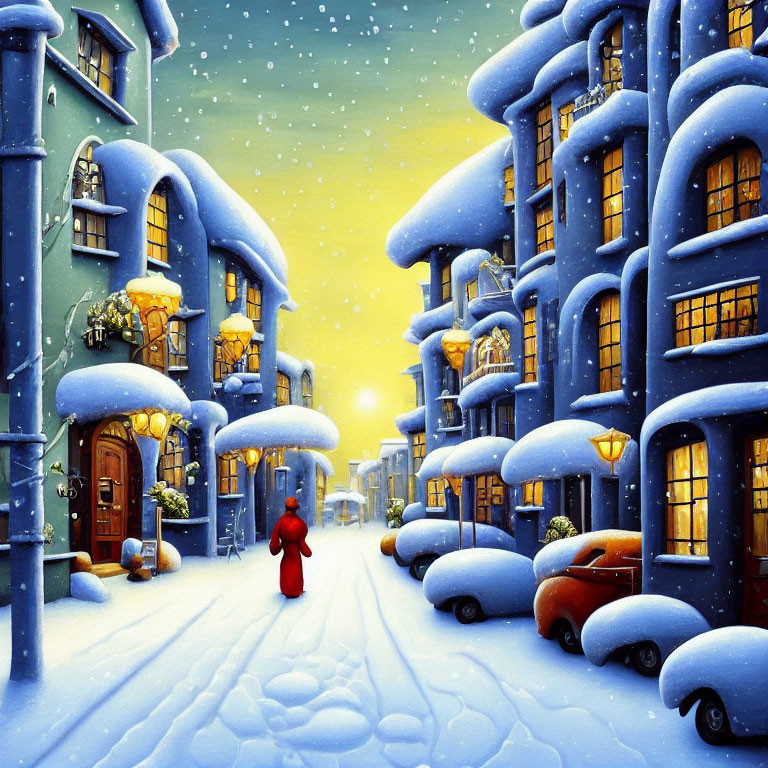 Snow-covered buildings, person in red coat, glowing street lamps - Winter cityscape.