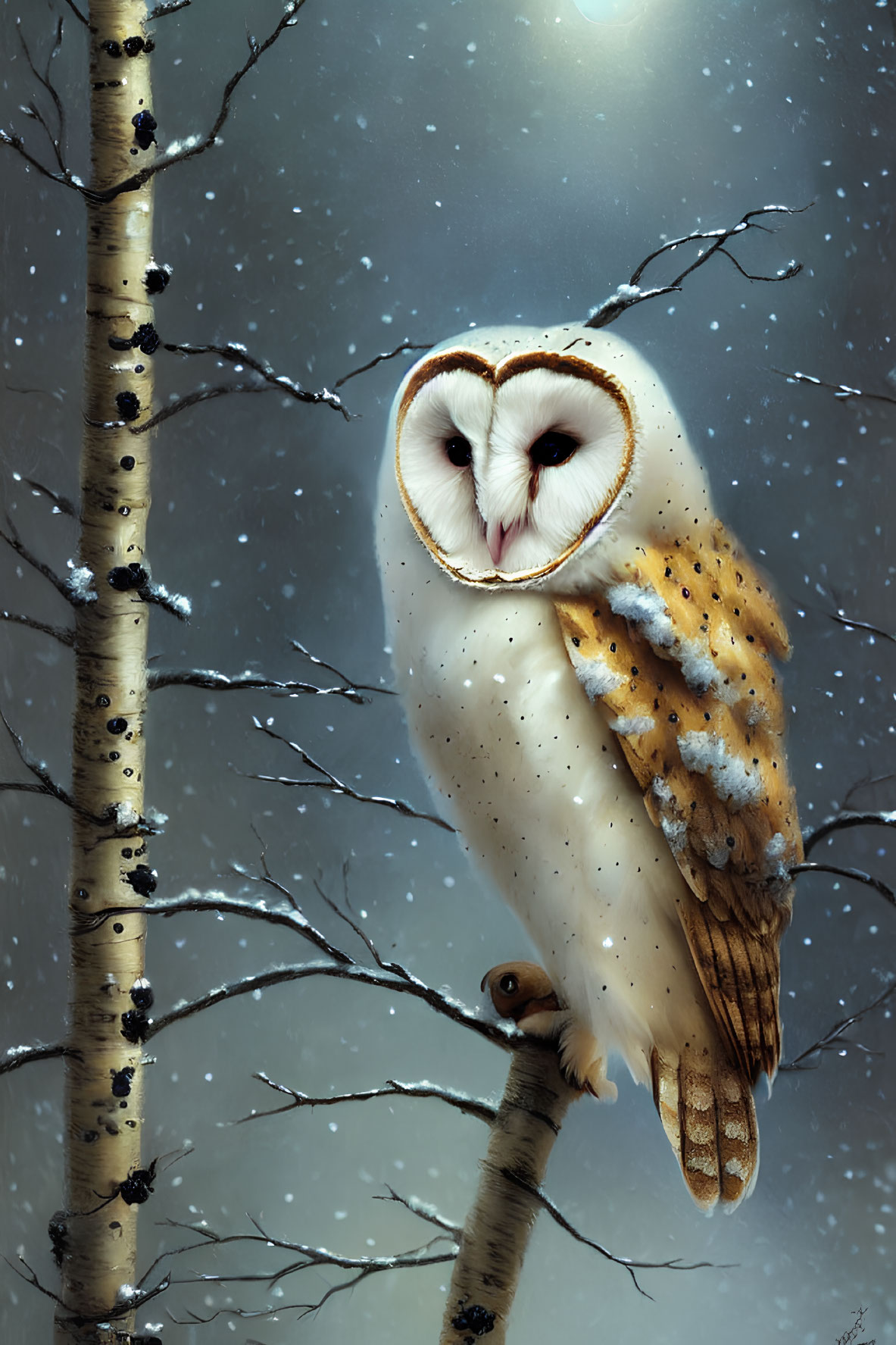 Majestic barn owl on snowy birch branch under gentle light