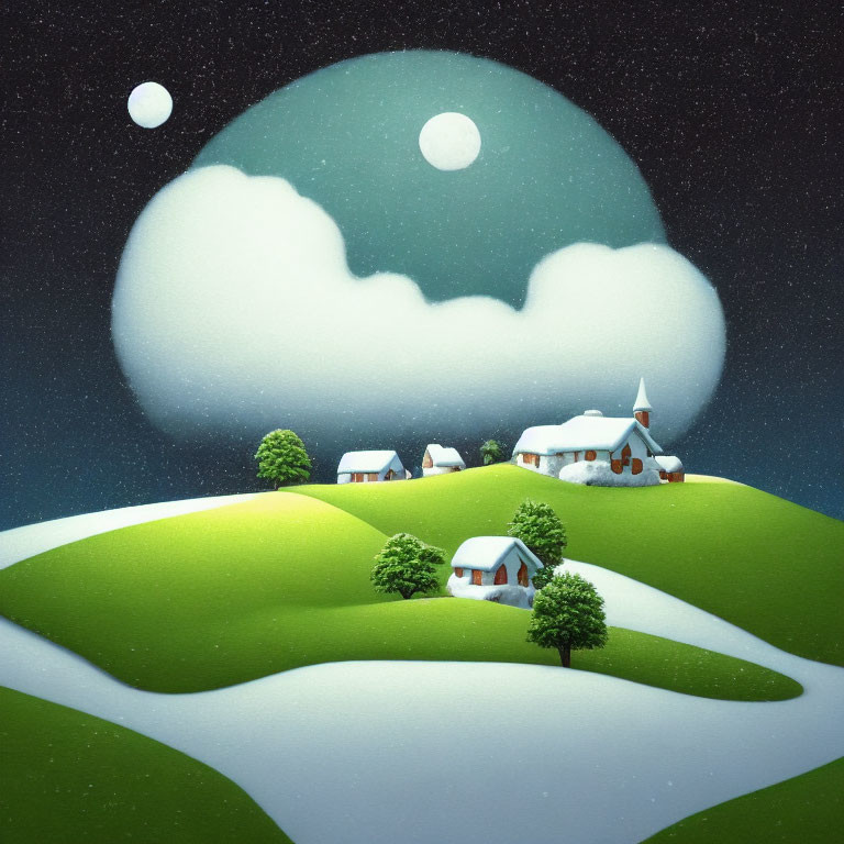 Illustration of snow-covered village under starry sky with two moons and planet