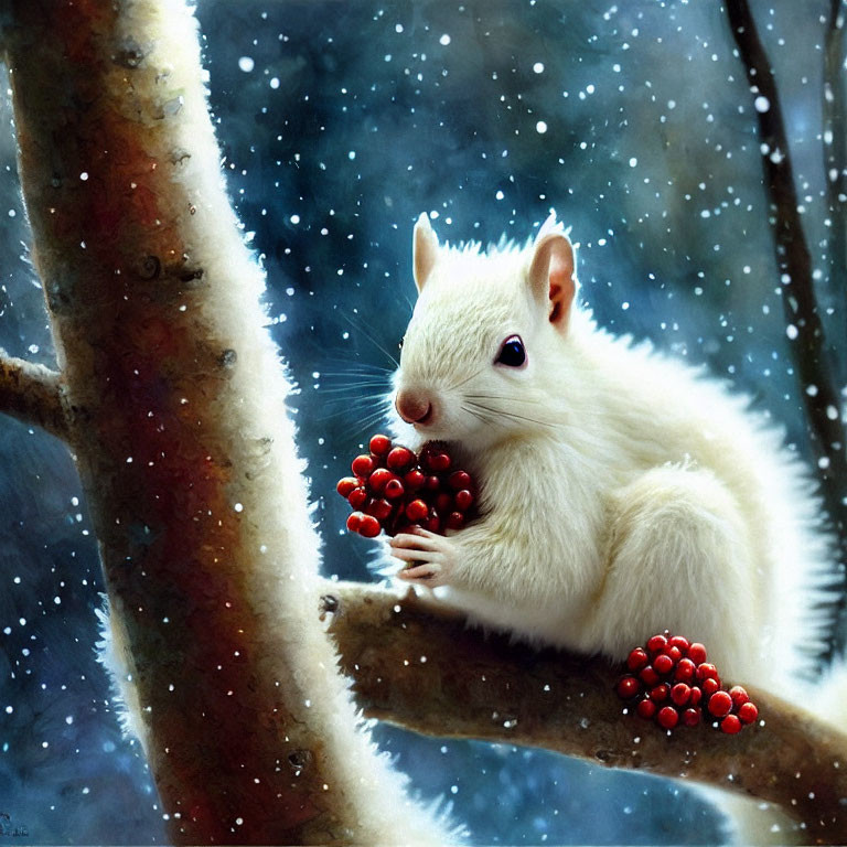 White squirrel with red berries on snowy branch in winter scene