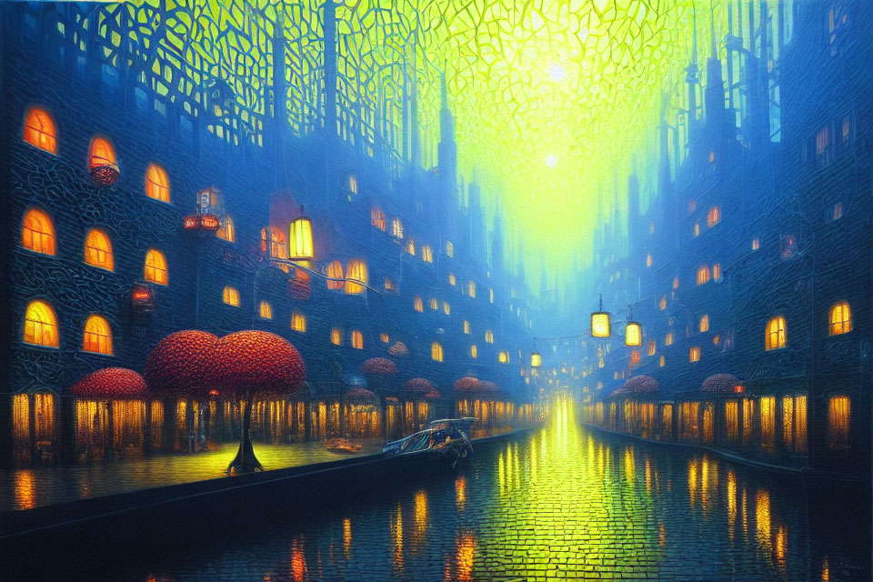 Glowing futuristic cityscape with intricate buildings and luminous green sky