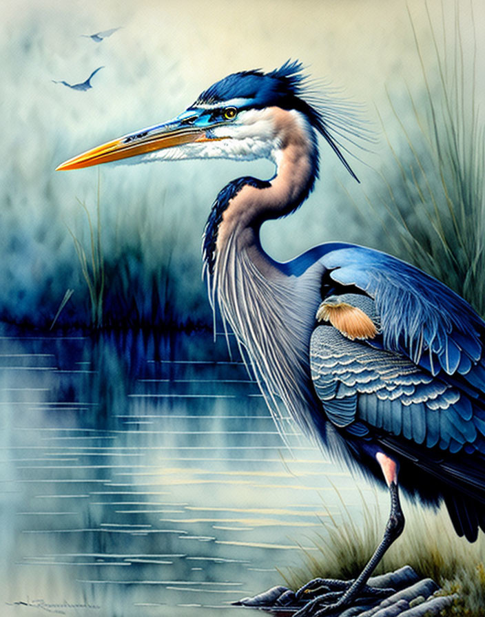 Detailed Great Blue Heron illustration by the water