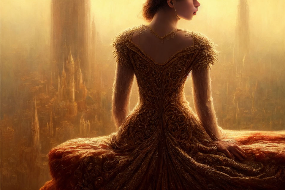 Woman in ornate golden dress with intricate designs against blurred, luminous background