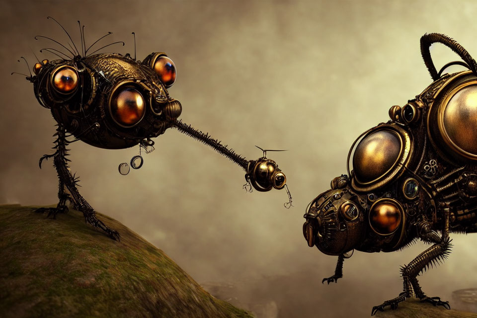 Steampunk-style mechanical insects with intricate gears and shiny eyes facing each other