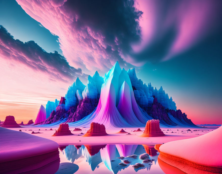 Majestic ice formations in surreal twilight landscape.