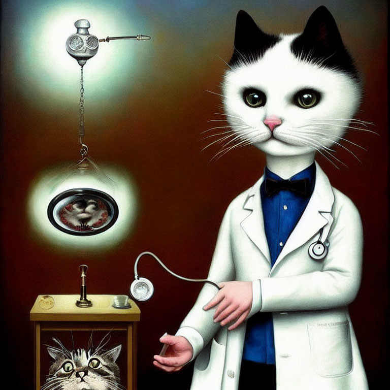 Anthropomorphic cat in doctor's coat with stethoscope, smaller cat, floating medical instruments in