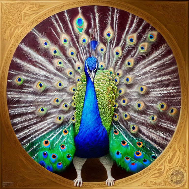 Colorful Peacock Feathers in Circular Frame with Eye Patterns