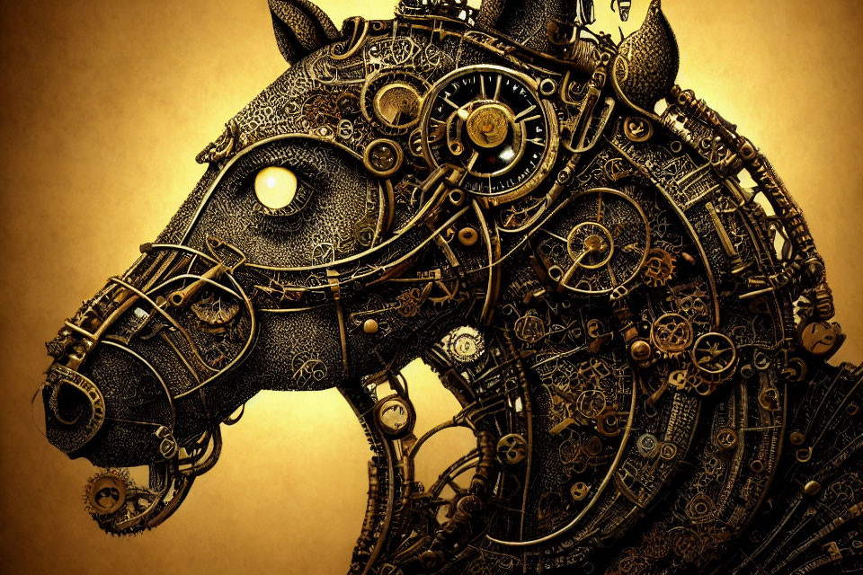 Steampunk Style Mechanical Horse Head with Gears and Cogs on Golden Background