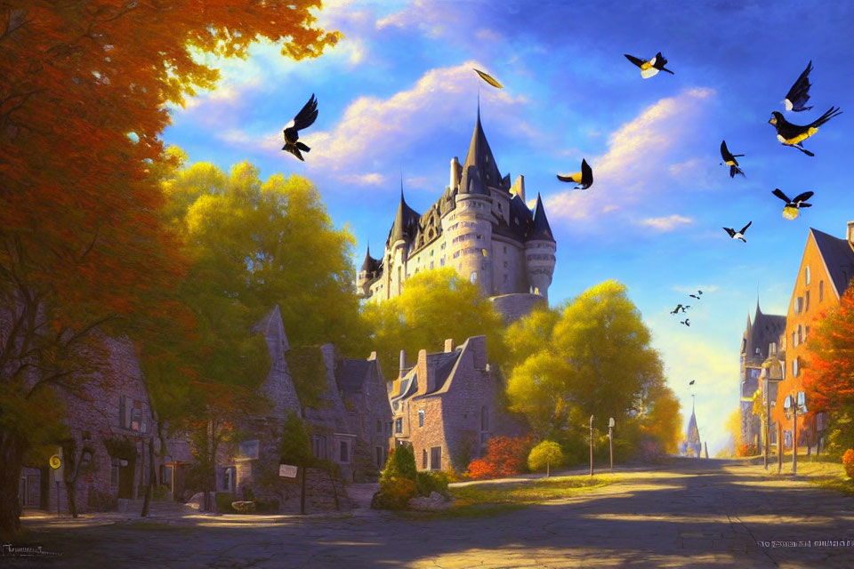 Autumn castle surrounded by vibrant foliage and stone houses on tranquil street