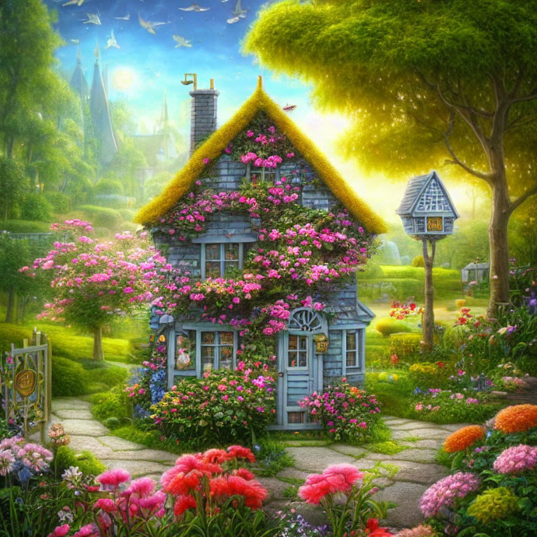 Charming stone cottage with colorful flowers, garden, and distant castle