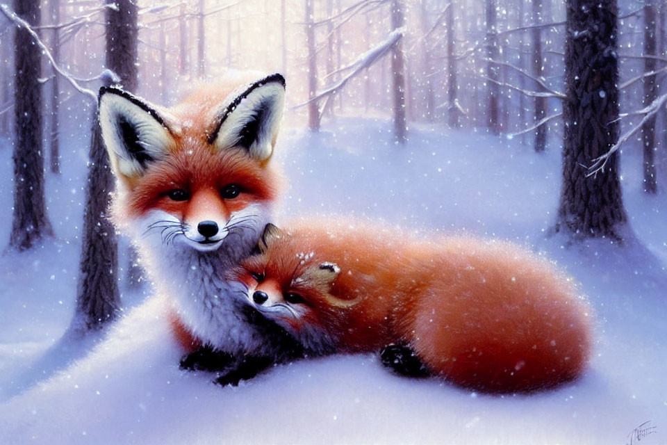 Two foxes in snowy forest with one standing alert and the other resting its head.