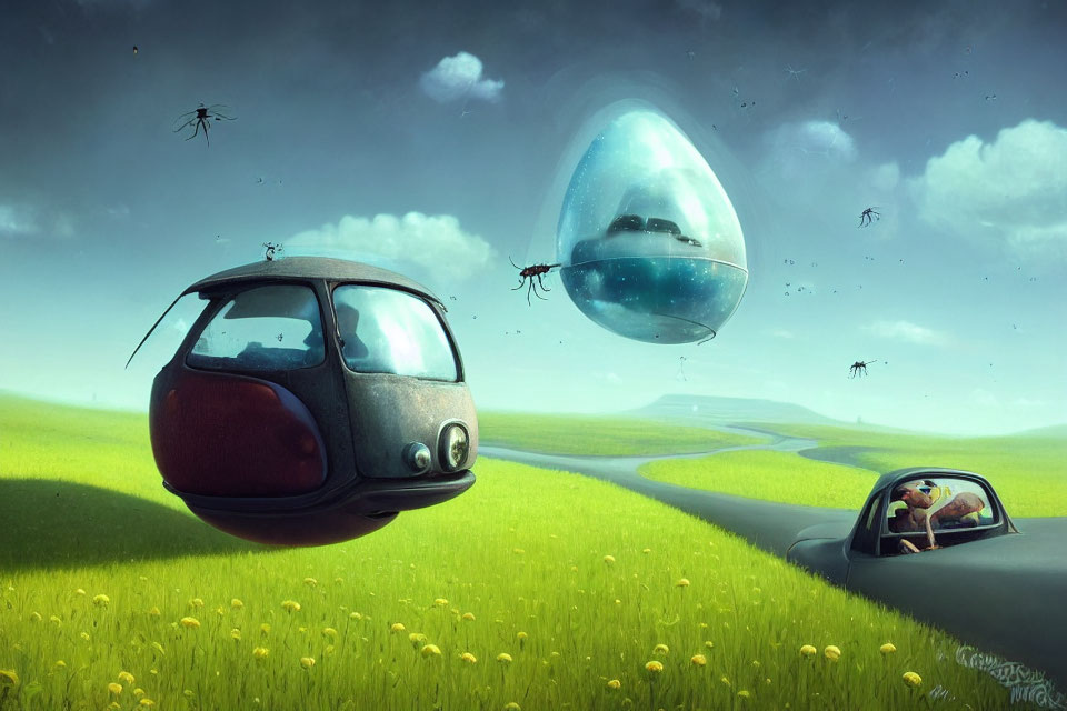 Whimsical landscape with dog, bugs, and futuristic vehicle