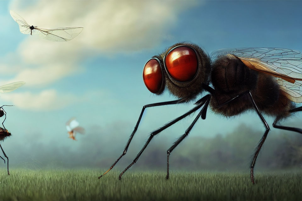 Detailed Hyperrealistic Fly Illustration with Red Eyes on Grass