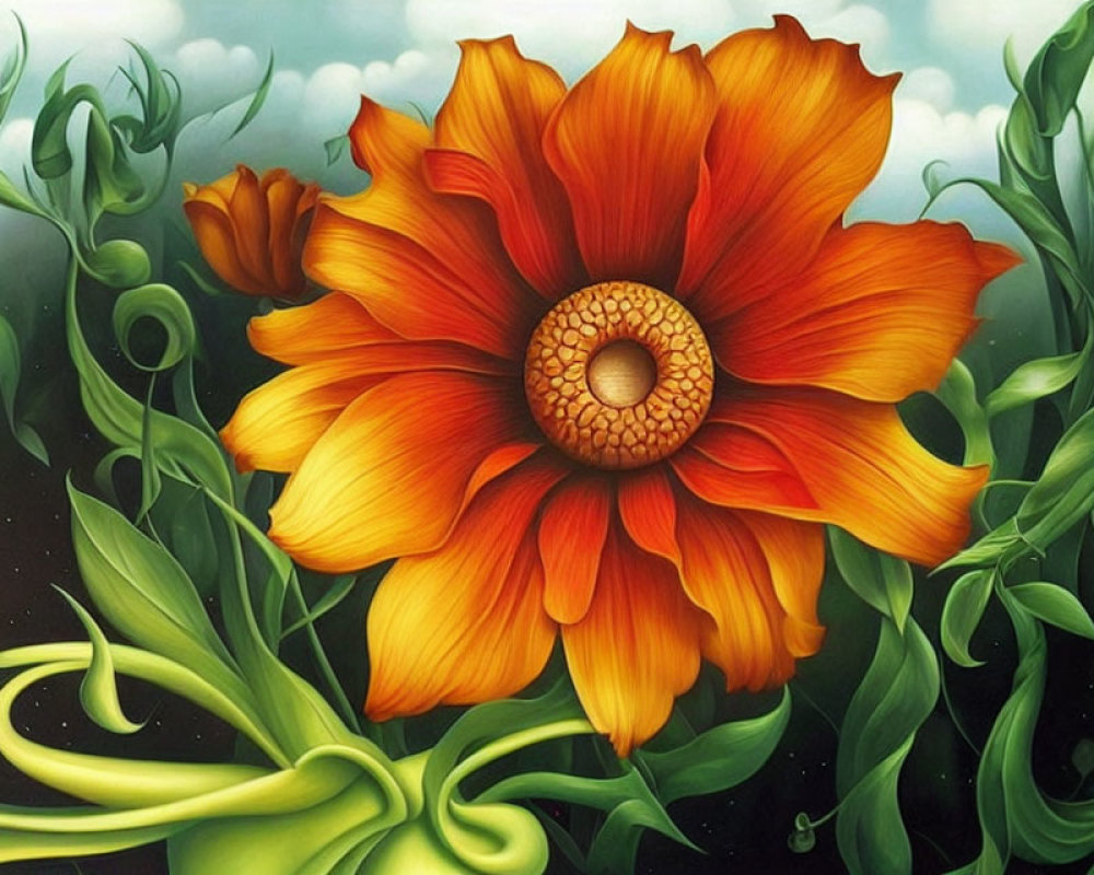 Detailed orange flower with yellow center and green stems on moody sky