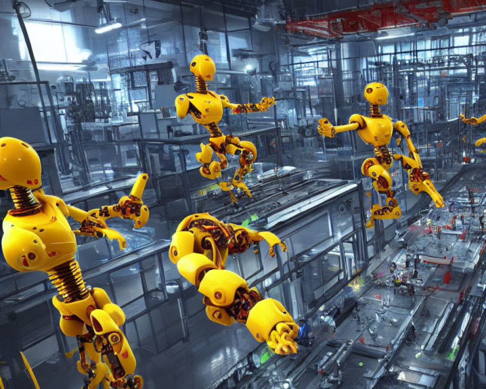 Futuristic industrial factory with yellow humanoid robots