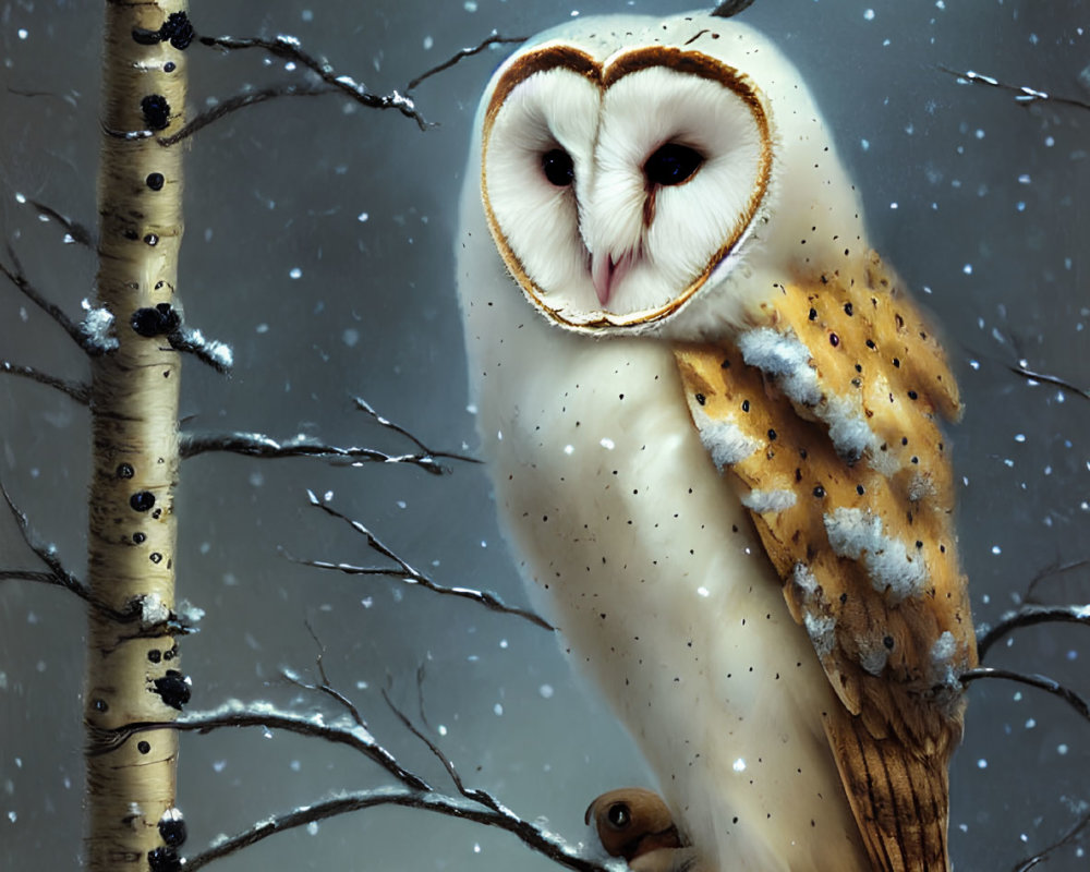 Majestic barn owl on snowy birch branch under gentle light