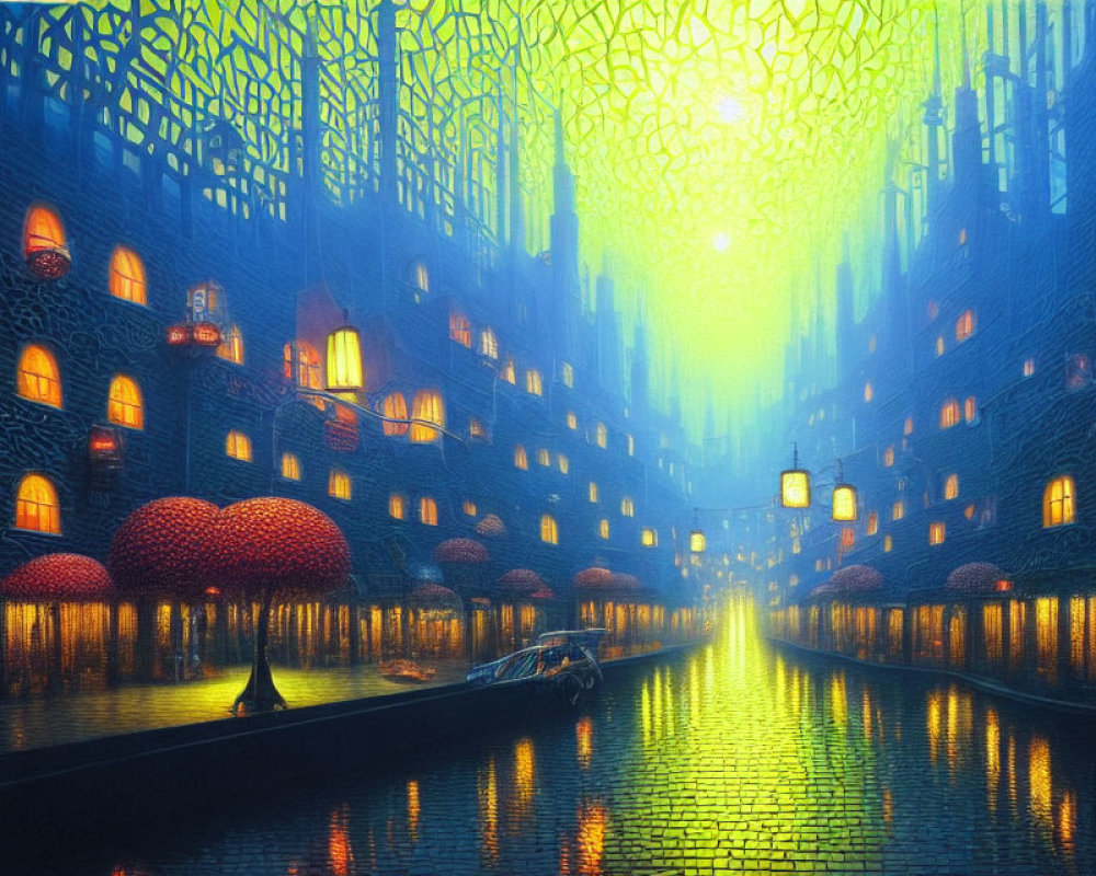 Glowing futuristic cityscape with intricate buildings and luminous green sky